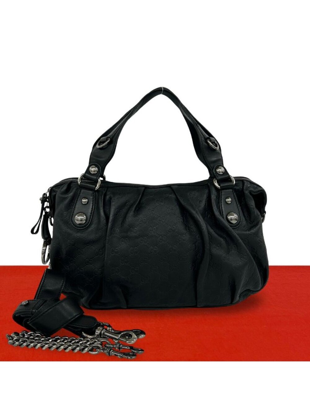 Gucci Guccissima GG Pattern Leather 2-Way Chain Shoulder Bag Cross Black